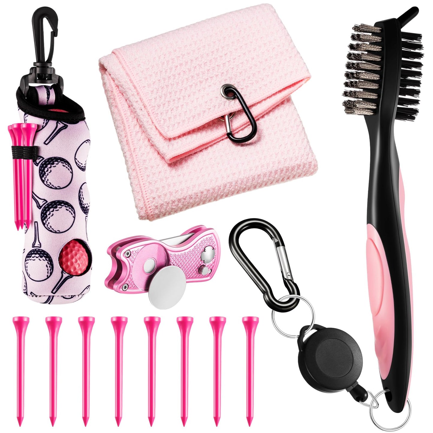 Liliful 12 Pcs Golf Accessories Kit Include Golf Tees Golf Towel Golf Ball Bag with Hook Cleaner Brush Divot Tool with Magnetic Ball Marker for Women Man Golf Gifts(Pink)