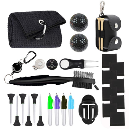 HYYPME Black Golf Accessories Kit 20 PCS Golf Gift Set - Golf Towel Ball Marker Pins Golf Club Cleaner Golf Balls w/Holder Ball Alignment Kit Divot Repair Plastic Tees…